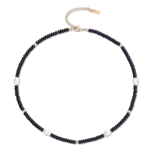 GAVU Damen Perlenkette mit Schwarzer Onyx nd natürlichen weißen Süßwasserperlen Kristall Kette für Frauen von GAVU
