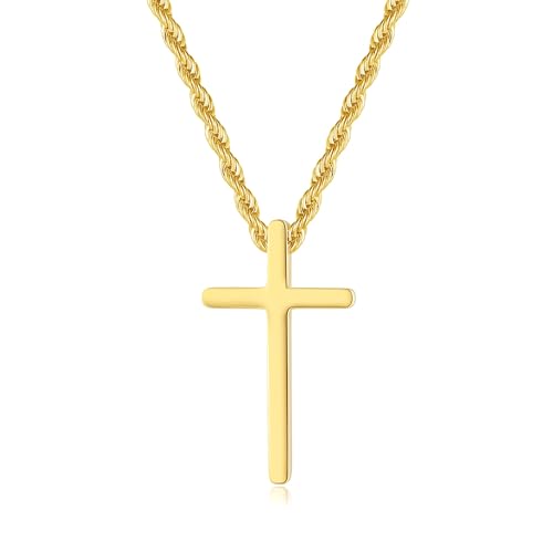 GAVU Edelstahl Gold Kreuz Anhänger Halskette für Herren, Herren Christlich Kreuzkette kleines Kreuz 55cm von GAVU