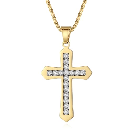 GAVU Edelstahl-Gold-Kreuz-Anhänger-Halskette mit Cubic Zirconia für Herren, Jesus-Kreuz-Anhänger-Halskette 55cm von GAVU