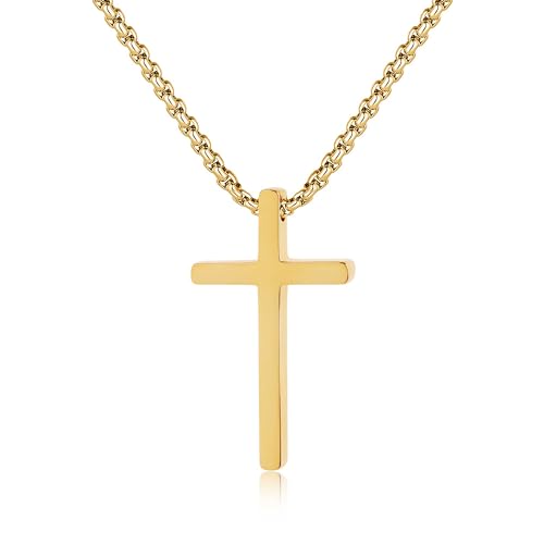 GAVU Edelstahl Herren Jesus Kreuz Kette Gold Herren Halskette Kreuz Anhänger Gold kleines Kreuz 55cm von GAVU