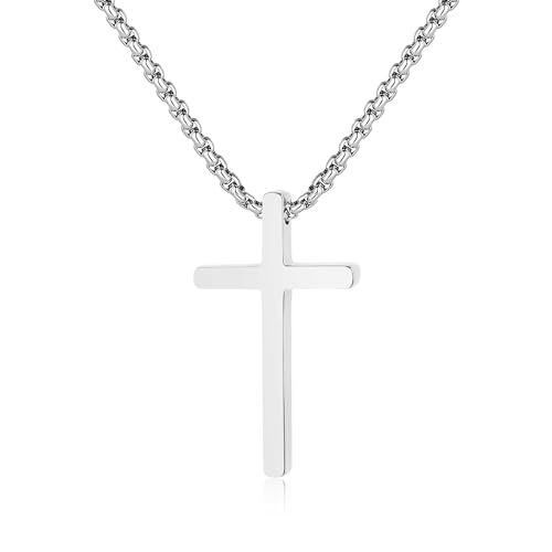 GAVU Edelstahl Herren Jesus Kreuz Kette Silber Herren Halskette Kreuz Anhänger Silber kleines Kreuz 55cm von GAVU