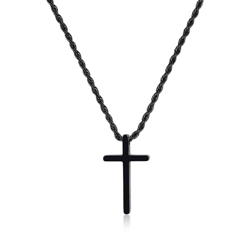 GAVU Edelstahl Schwarz Kreuz Anhänger Halskette für Herren, Herren Christlich Kreuzkette kleines Kreuz 55cm von GAVU