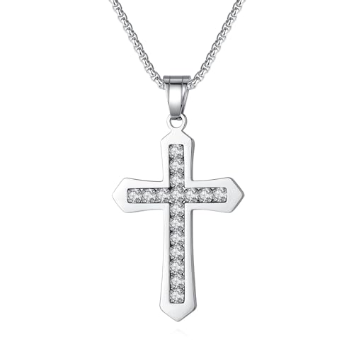 GAVU Edelstahl Silber Kreuz Anhänger Halskette für Herren, Herren Christlich Kreuzkette mit Cubic Zirconia 55cm von GAVU