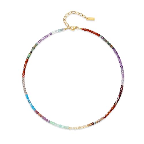 GAVU Edelstein Perlenkette mit 3 mm facettierten Quadratperlen aus Jaspis Rubin Amethyst Fluorit Granat Citrin Jade Apatit Rauchquarz für Damen von GAVU