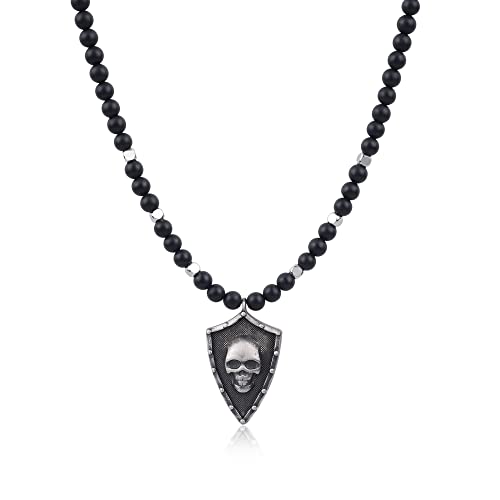 GAVU Geschenke Perlenkette aus Mattem Onyx und Edelstahl Kristall Kette mit Schild Anhänger Totenkopf Gravur von GAVU