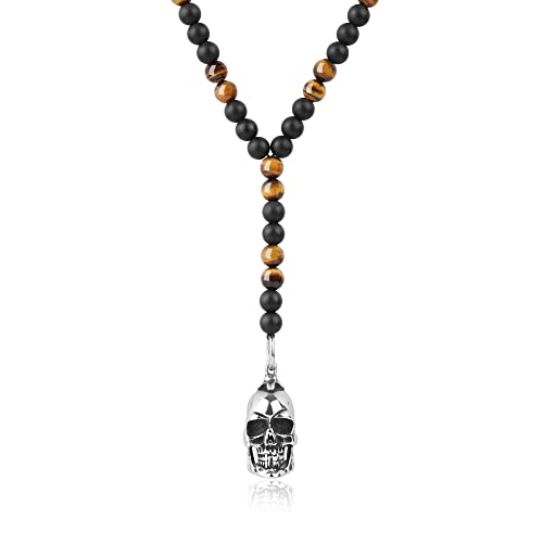 GAVU Geschenke Perlenkette aus Mattem Onyx und Gelbem Tigerauge Kristall Kette mit Gotischem Schädel Anhänger von GAVU