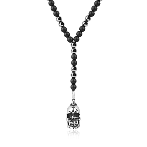 GAVU Geschenke Herren Perlenkette aus Mattem Onyx und Hämatit Kristall Kette mit Totenkopf Anhänger von GAVU