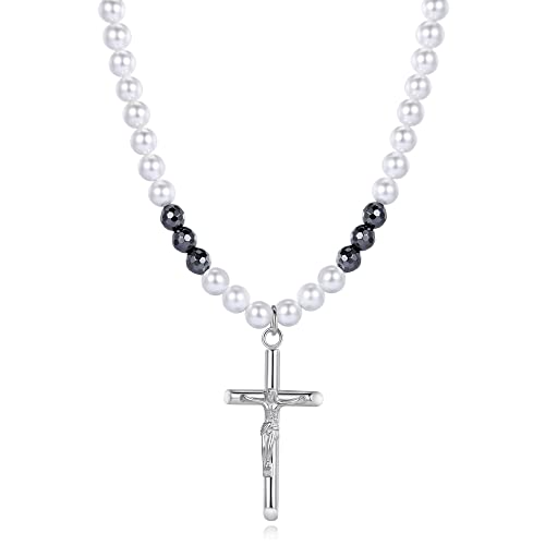 GAVU Geschenkidee Perlen Hämatit Halskette mit Kreuz Anhänger für Damen und Herren 60cm von GAVU