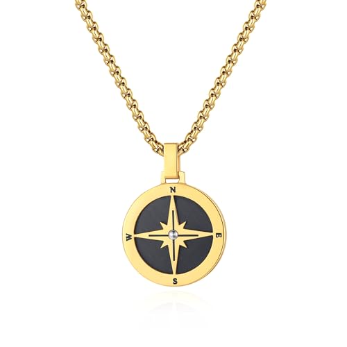 GAVU Halskette Herren Gold, Herren Geschenk, Edelstahl Halskette Herren mit Kompass Charm, Surfer Halskette Herren 50cm von GAVU