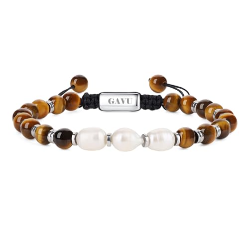 GAVU Herren Armband mit verstellbarem Nylonseil, natürliche Tigerauge und weiße Perlen von GAVU