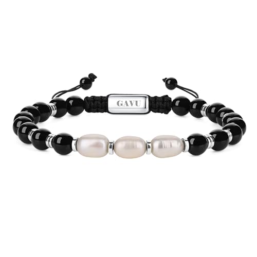 GAVU Herren Armband mit verstellbarem Nylonseil, schwarzer onyx und weiße Perlen von GAVU