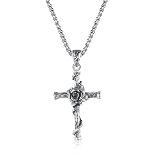 GAVU Herren-Edelstahl-Halskette mit Kreuz-Anhänger mit Rose 50cm von GAVU