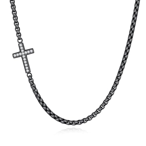 GAVU Herren Edestahlkette Schwarz Kreuz Halskette mit Zirkonia, Kreuz Anhänger Halskette für Männer 60cm von GAVU