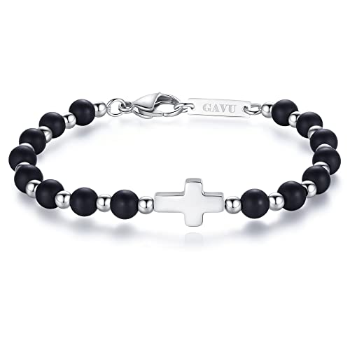 GAVU Herren Geschenk Perlen Armband aus Mattem Onyx mit Kreuz Charm Größe M von GAVU