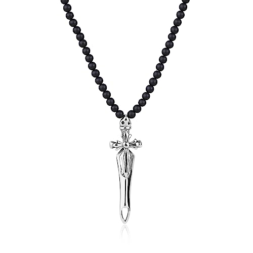 GAVU Herren Halskette aus Mattschwarzem Onyx mit Steinperlen und Schwert Kreuz Anhänger von GAVU