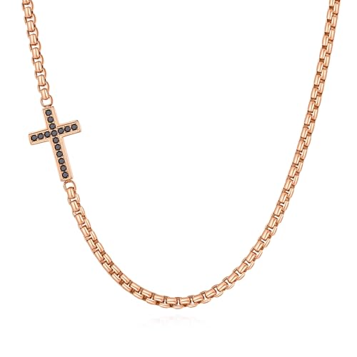 GAVU Herren Kreuz Kette Rosegold Halskette mit Zirkonia, Kreuz Anhänger Halskette für Männer 50cm von GAVU