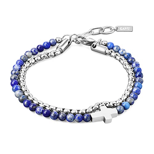 GAVU Herren Zweilagiges Armband Perlen Armband aus Lapislazuli und Edelstahl mit Kreuz Charm von GAVU