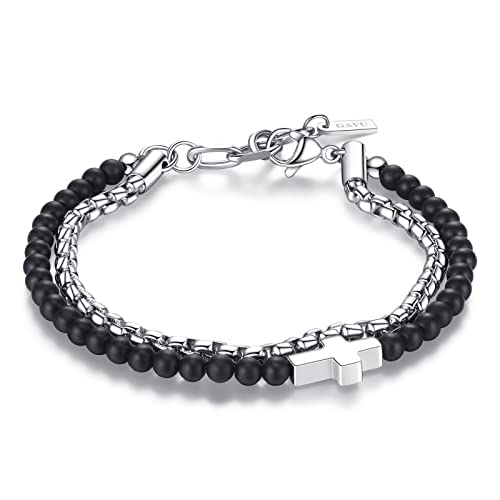 GAVU Herren Zweilagiges Armband Perlen Armband aus Mattem Onyx und Edelstahl mit Kreuz Charm von GAVU