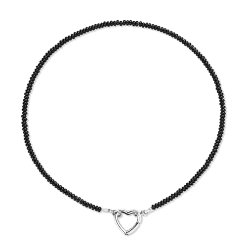 GAVU Perlenkette aus Schwarzer Onyx für Frauen Herz Ringhalter-Kette für Damen Silber von GAVU