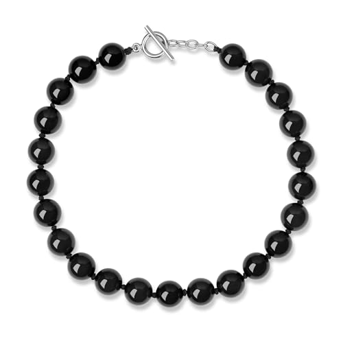 GAVU Schwarze Onyx Halskette aus 14 mm Onyx Edelstein Perlenkette für Damen 50 cm von GAVU