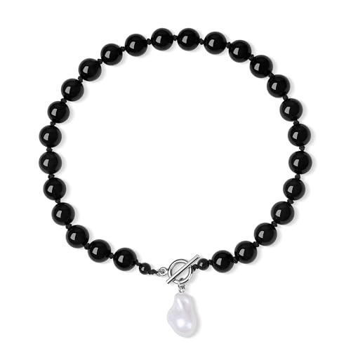 GAVU Schwarzer Perlenkette aus Onyx Perlen Statement Halskette für Damen 42 cm von GAVU