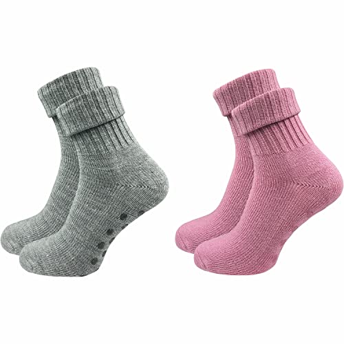 GAWILO 2 Paar Damen Stoppersocken aus Wolle | Rutschfeste Hausschuhsocken | Weiche, kuschlige & warme Socken mit Noppen (39-42, hellgrau | rosa (farbig 2)) von GAWILO