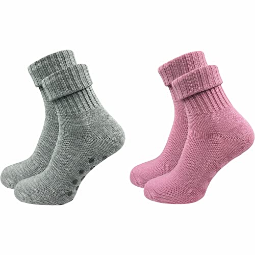 2 Paar Damen Stoppersocken aus Wolle | Rutschfeste Hausschuhsocken | Weiche, kuschlige & warme Socken mit Noppen (as3, numeric, numeric_39, numeric_42, regular, regular, hellgrau | rosa (farbig 2)) von GAWILO
