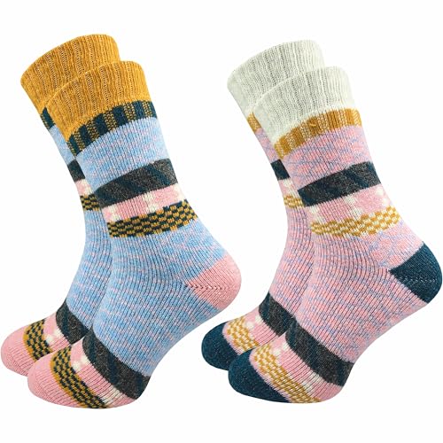 2 Paar hochwertige Damen Norweger Socken - Wollsocken – im „skandinavischen“ Look - wie selbstgestrickt - dick & warm - ohne Gummidruck - ohne drückende Zehennaht - hoher Wollanteil (35-38, farbig 3) von GAWILO