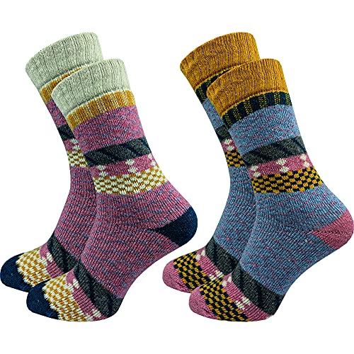 2 Paar hochwertige Damen Norweger Socken - Wollsocken – im „skandinavischen“ Look - wie selbstgestrickt - dick & warm - ohne Gummidruck - ohne drückende Zehennaht - hoher Wollanteil (39-42, farbig 3) von GAWILO