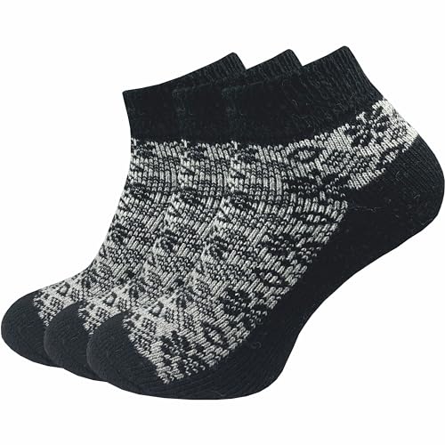 GAWILO 3 Paar hochwertige Damen Winter Sneaker Socken – Wollsocken - im „winterlichen“ Look - wie selbstgestrickt - dick & warm (35-38, schwarz) von GAWILO