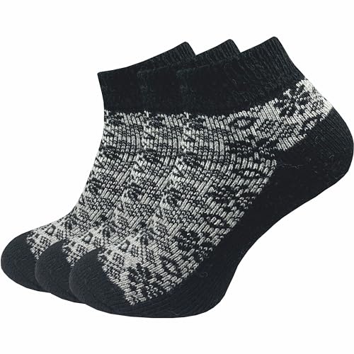 GAWILO dicke & warme Damen Sneaker Socken (3 Paar) | kurze Wollsocken im Norweger Look | ideal auch als Bettsocken im Winter (39-42, schwarz) von GAWILO