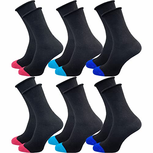 GAWILO Damen Socken mit Rollrand (6 Paar) | Ohne drückende Naht und ohne Gummidruck | Diabetikersocken mit verstärkter Ferse und Fußspitze (35-38, schwarz +) von GAWILO