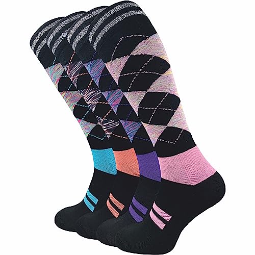 GAWILO Damen Reitsocken (4er-Pack) karierte Kniestrümpfe | dämpfende Plüschsohle | ohne drückende Naht | 80% Baumwolle (39-42, schwarz | multicolour 2) von GAWILO