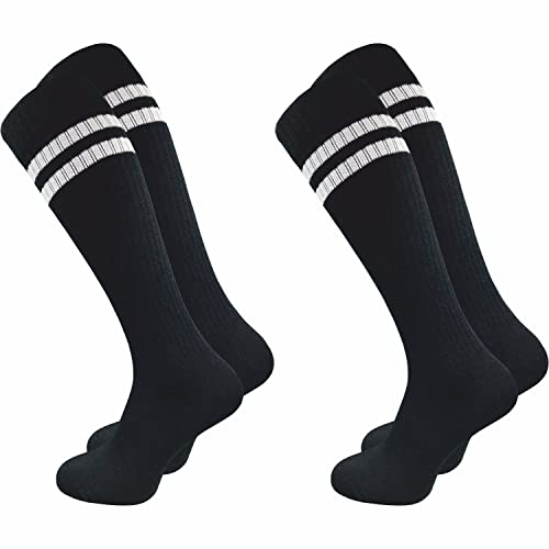 GAWILO Herren Retro Kniestrümpfe (2 Paar) | 78% Baumwolle | knielange Socken im sportlichen Look mit Komfortbund | ohne zu Verrutschen (47-50, schwarz + Ringel) von GAWILO
