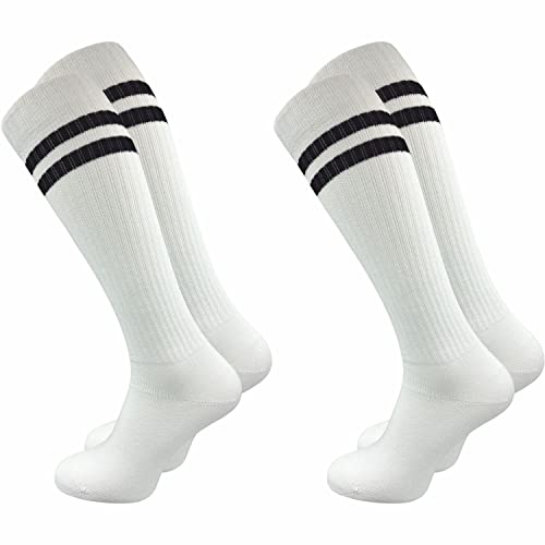GAWILO Herren Retro Kniestrümpfe (2 Paar) | 78% Baumwolle | knielange Socken im sportlichen Look mit Komfortbund | ohne zu Verrutschen (47-50, weiß + Ringel) von GAWILO