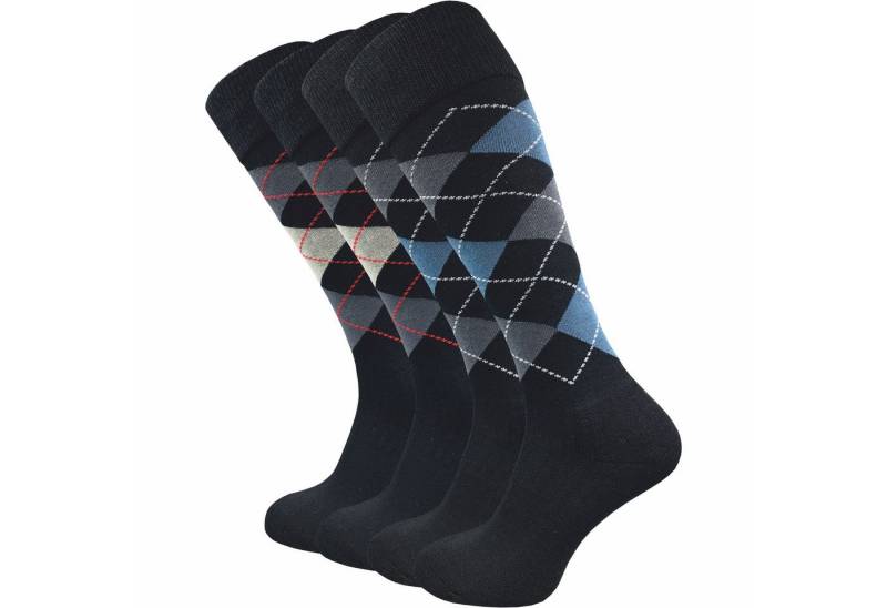 GAWILO Kniestrümpfe für Damen & Herren mit Plüschsohle zum Reiten, Wandern oder Alltag (4 Paar) Reitsocken in schwarz und kariert - mit Baumwolle & Komfortbund von GAWILO