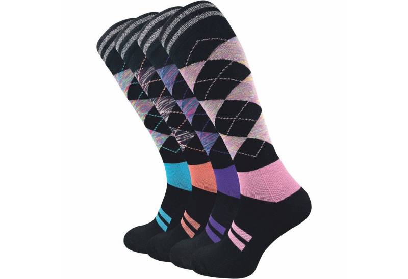 GAWILO Reitsocken für Damen aus Baumwolle - karierte Kniestrümpfe in schwarz mit Farben (4 Paar) Passend zur Reithose - Perfekte Länge für Reitstiefel - zum Reiten von GAWILO