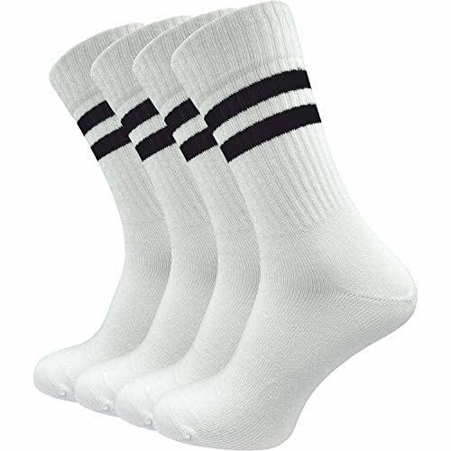 Tennissocken für Herren (4 Paar) | sehr hochwertige Sportsocken | Retro Socken mit verstärkter Ferse und Spitze (as3, numeric, numeric_43, numeric_46, regular, regular, weiß + Retro Ringel, 43-46) von GAWILO