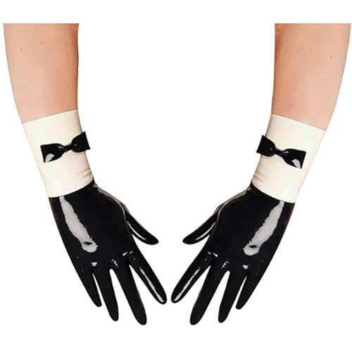 GAYLOP Schwarze und weiße sexy Kurze Mini-Latexhandschuhe mit Schleifen, Gummifäustlinge-Schwarz mit Weiß-M von GAYLOP