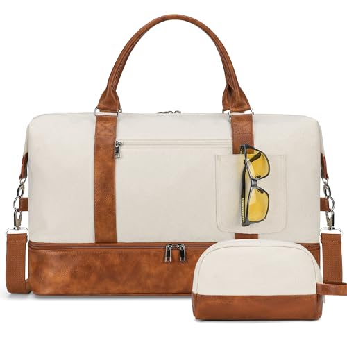 Wochenendtasche für Damen, Reisetasche, Reisetasche, 3–4 Tagesausflüge, Übernachtungstasche, täglicher Gebrauch, Geburtstagsgeschenk, Braun mit Blumenmotiv, Braun / Beige, Oberes und unteres Fach von GAYUAPEIA