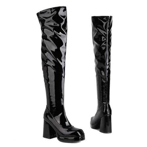 GBBRZKTB High Heels Damen Overknee Stiefel Blockabsatz Quadratischer Zehenpartie Plateau Stiefel Overknee Absatz Party Pumps 9cm,Black-42 von GBBRZKTB