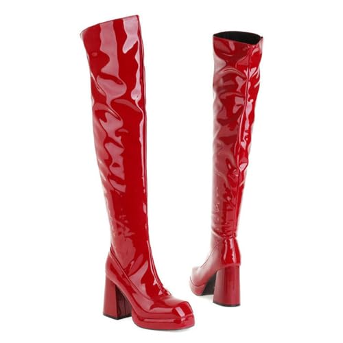 GBBRZKTB High Heels Damen Overknee Stiefel Blockabsatz Quadratischer Zehenpartie Plateau Stiefel Overknee Absatz Party Pumps 9cm,Red-39 von GBBRZKTB