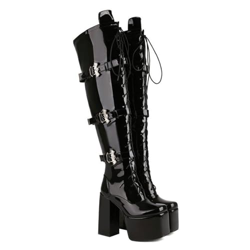 GBBRZKTB High Heels Damen Overknee Stiefel Plateau Klobigem Absatz Reißverschluss Schnalle Schnürung Hohe Stiefel Partyschuhe 12cm,Bright black-36 von GBBRZKTB