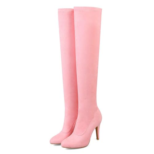 GBBRZKTB High Heels Damen Overknee Stiefel Wildleder Stilettoabsatz Spitzer Zehenbereich Stretch Overknee Stiefel Partykleid Pumps Schuhe 9,5cm,Pink-48 von GBBRZKTB