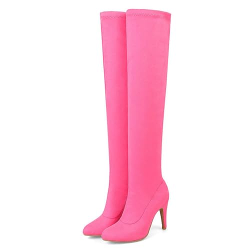 GBBRZKTB High Heels Damen Overknee Stiefel Wildleder Stilettoabsatz Spitzer Zehenbereich Stretch Overknee Stiefel Partykleid Pumps Schuhe 9,5cm,Rose red-48 von GBBRZKTB