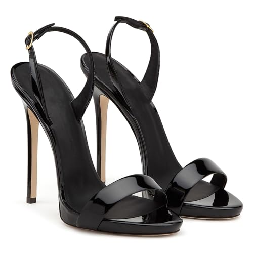 GBBRZKTB High Heels Damen Stiletto Offene Zehen Sandalen Slingback Verstellbarer Fesselriemchen Pumps Party Hochzeitsschuhe 12cm,Black-42 von GBBRZKTB