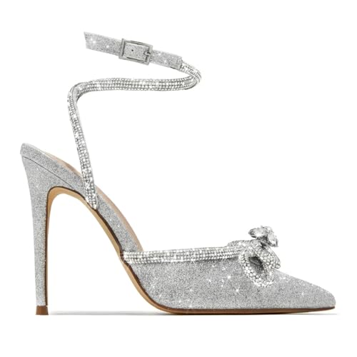 High Heels Damen Destiny Geschlossene Zehenpartie Glänzende Strass-Schleife Fesselriemchen Pumps Hochzeit Brautparty Abendschuhe 11,5cm,Silver-38 High Heels Damen Destiny Geschlossene Zehenpartie Glänzende Strass-Schleife Fesselriemchen Pumps Hochzeit Brautparty Abendschuhe 11,5cm,Silver-38 von GBBRZKTB