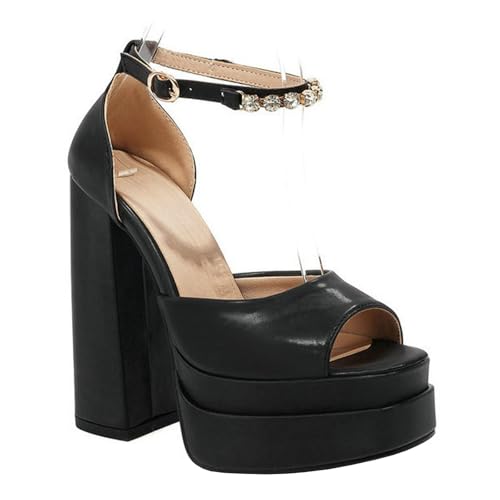 High Heels Damen Plateauabsatz Peep Toe Sandalen Fesselriemchen Schnalle Pumps Ballkleid Party Schuhe 14cm,Black-38 von GBBRZKTB