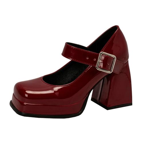 High Heels Damen Pumps Quadratischer Zehenpartie Plateau Blockabsatz Geschlossene Zehenpartie Partykleid Mary Jane Schuhe 9cm,Red-41 von GBBRZKTB