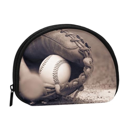 Baseball- und Handschuh-Vollformat bedrucktes Polyester, tragbare Mini-Aufbewahrungstasche, Muschelform, kleine Münzgeldbörse, Muschel-Aufbewahrungstasche, Schwarz , Einheitsgröße von GBCDEDSL